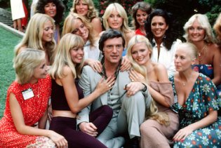 Hef With Bunnies on Lawn